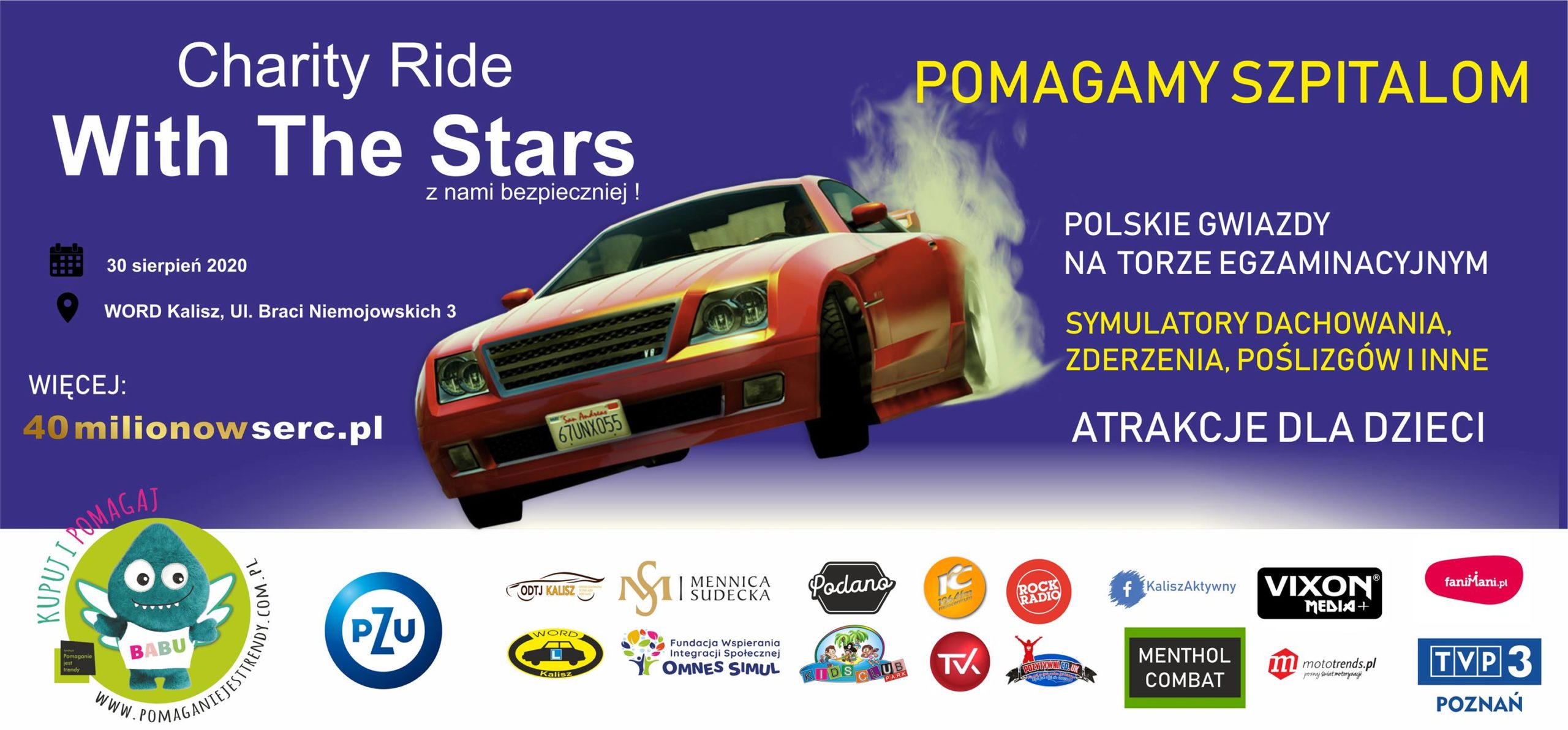 Baner Rajdu z Gwiazdami - przedstawia samochód wyścigowy i loga organizatorów oraz sponsorów 